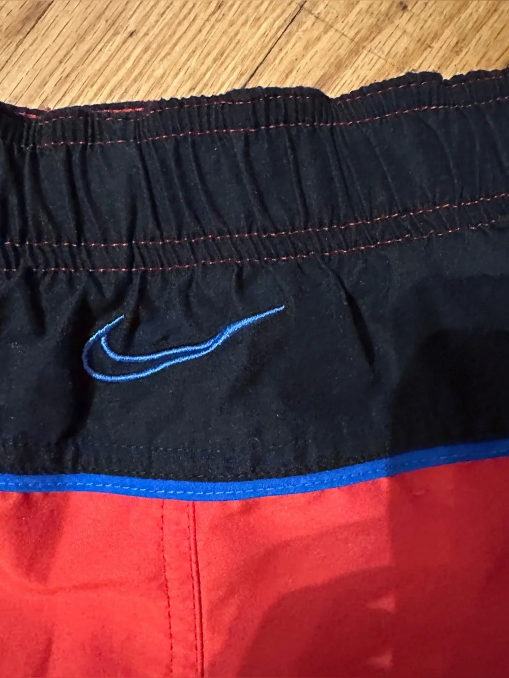 Nike Mens Swim Trunks Suit Board Shorts L Red w/ Blue Black Trim Mesh Lined FS!